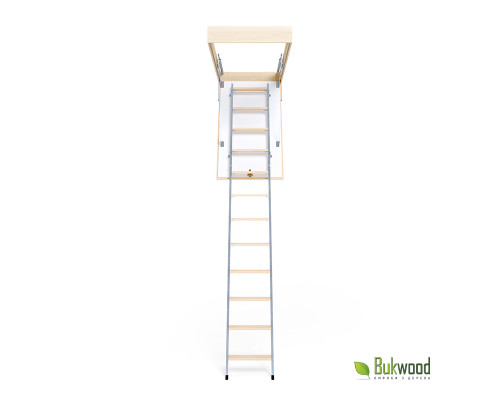 Конструкция лестницы модели ECO Metal Standard 110х90 см состоит из 3 секций, короба, крышки люка и пружинного механизма. В комплект также входит надежный металлический замок, стержень для удобного открывания/закрывания
