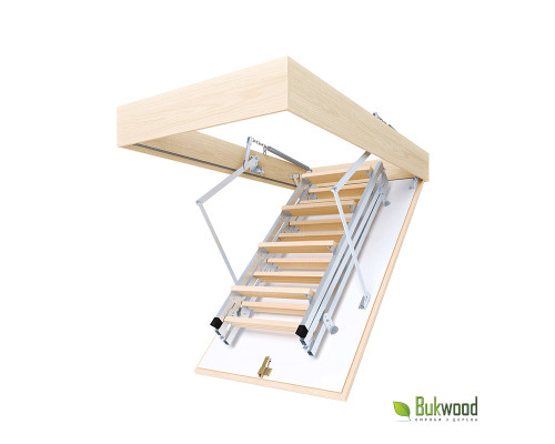 Конструкция лестницы модели ECO Metal Standard 110х90 см состоит из 3 секций, короба, крышки люка и пружинного механизма. В комплект также входит надежный металлический замок, стержень для удобного открывания/закрывания
