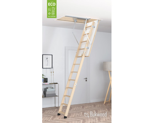 Чердачная лестница Bukwood ECO Standard 110х60 см поможет сделать доступ на чердак удобным и безопасным, и при этом сэкономить пространство в помещении. Конструкция – складная, 3-х секционная. Направляющие и ступеньки из