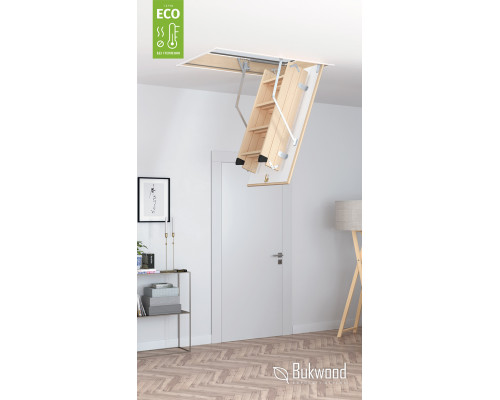 Чердачная лестница Bukwood ECO Standard 120х70 см отличается высоким уровнем комфорта, надежности и функциональности. Производителем предусмотрен усиленный металлический замок, противоскользящие насечки на ступеньках, а