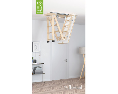 Мансардная лестница Bukwood ECO Standard 120х80 см предназначена для быстрого и удобного выхода на чердак или мансарду. Направляющие и ступеньки произведены из сверхпрочной древесины бука, что обеспечивает надежность и д