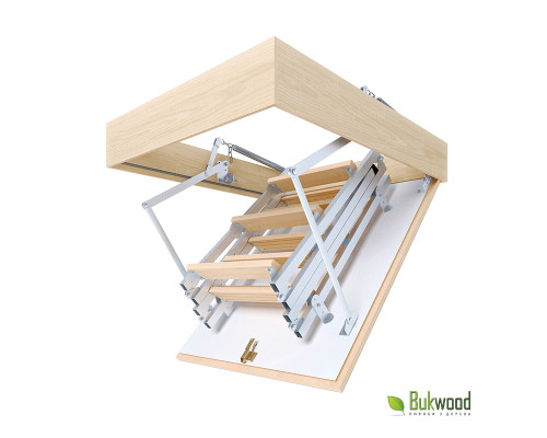 Bukwood ECO Metal Mini 90х60 см – 4-х секционная мансардная лестница с металлическими направляющими и деревянными ступенями. Благодаря итальянским технологиям, конструкция отличается функциональностью, надежностью и безо