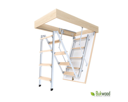 Bukwood ECO Metal Standard 110х70 см может быть охарактеризована как надежная, функциональная и безопасная лестница на чердак. Конструкция состоит из деревянного короба, крышки люка белого цвета, ступеней из прочной древ