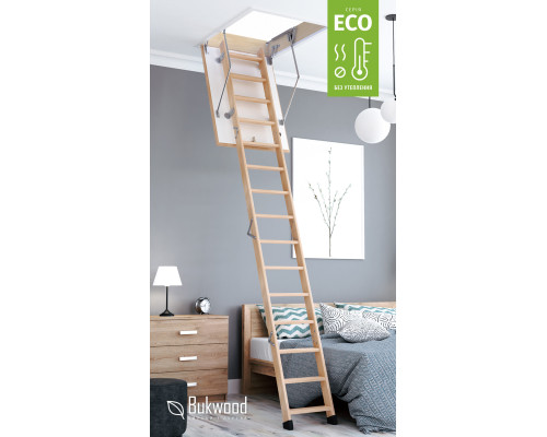 Мансардная лестница Bukwood ECO Long 120х60 см предназначена для помещений с высокими потолками. Она гармонично впишется в интерьер жилого помещения как в собранном, так и в разложенном виде. Направляющие и ступеньки про
