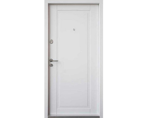 Вхідні двері Qdoors - серія Преміум. Колір внутрішньої накладки - білий супермат, колір зовнішньої сторони - венге темний. Фарбування короба в два кольори.
