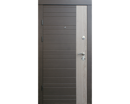Вхідні двері Qdoors - серія Преміум. Модель Альт-М  - колір внутрішньої накладки дуб флорида, колір зовнішньої сторони венге сірий горизонт.