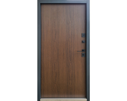 Входная дверь Qdoors.  Модель Бонд- цвет внутренней накладки Гладь Vinorit белый/Гладь дуб темный/Гладь антрацит писок, цвет наружной стороны -  графит песок краска. Полотно  и коробка наполнены минеральной ватой что пос