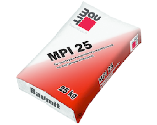 Baumit MPI 25 (Штукатурная смесь Баумит МПИ 25) Модифицированная цементно-известковая штукатурная смесь для механизированного нанесения на внутренние поверхности. Основные характеристики: Для внутренних ра
